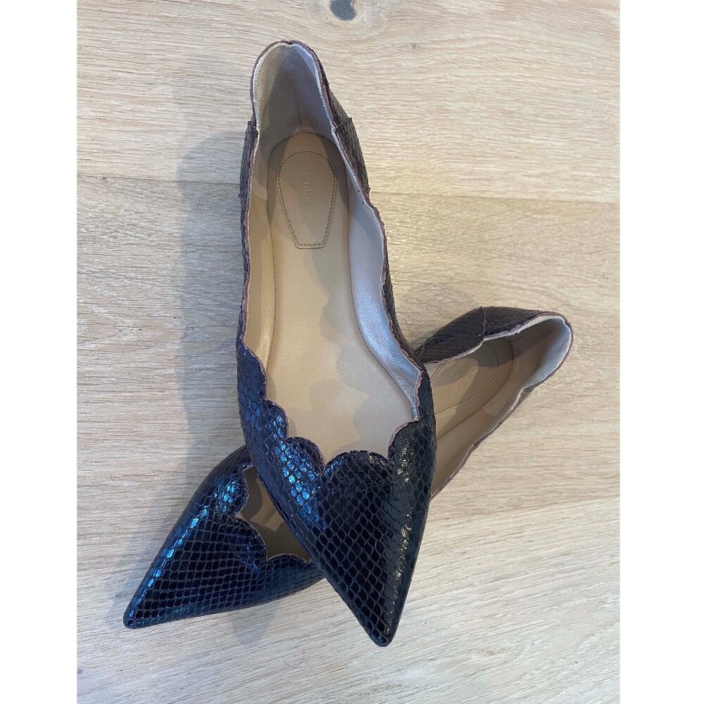 Chloe Lauren Scalloped Point Toe Black Flats Size 35.5